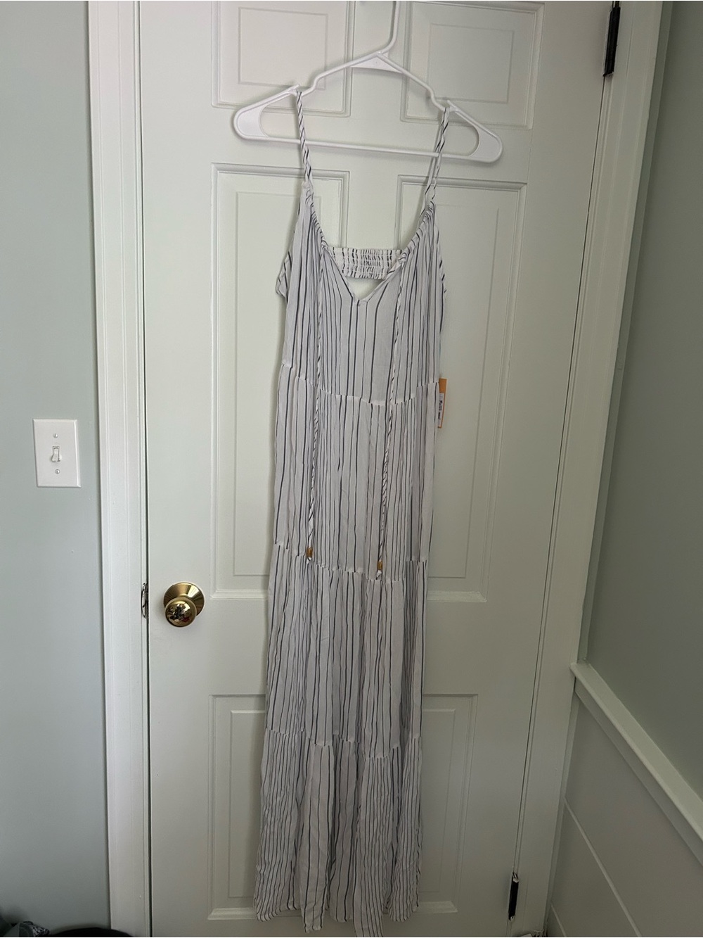 Kona Sol White Maxi Beach Cover Up Dress with Navy Stripes